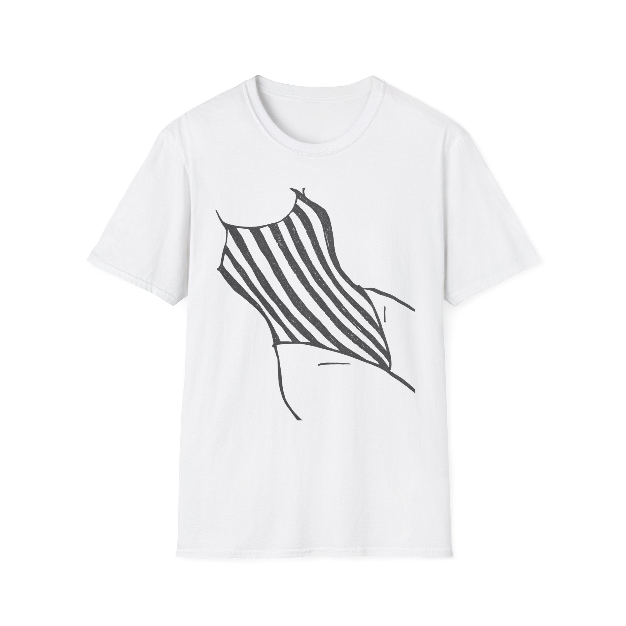 Striped One-Piece Swimsuit Graphic T-Shirt — Minimal Beach Vibe Tee
