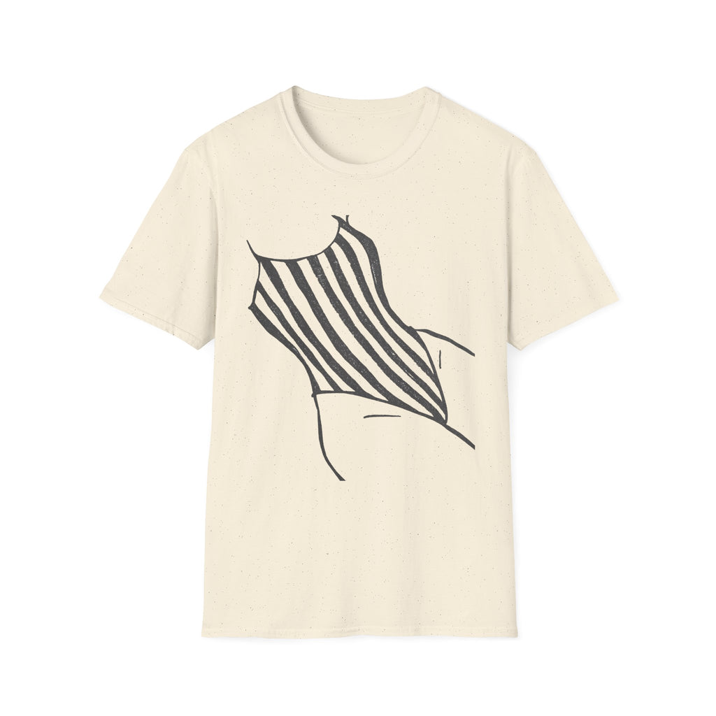 Striped One-Piece Swimsuit Graphic T-Shirt — Minimal Beach Vibe Tee