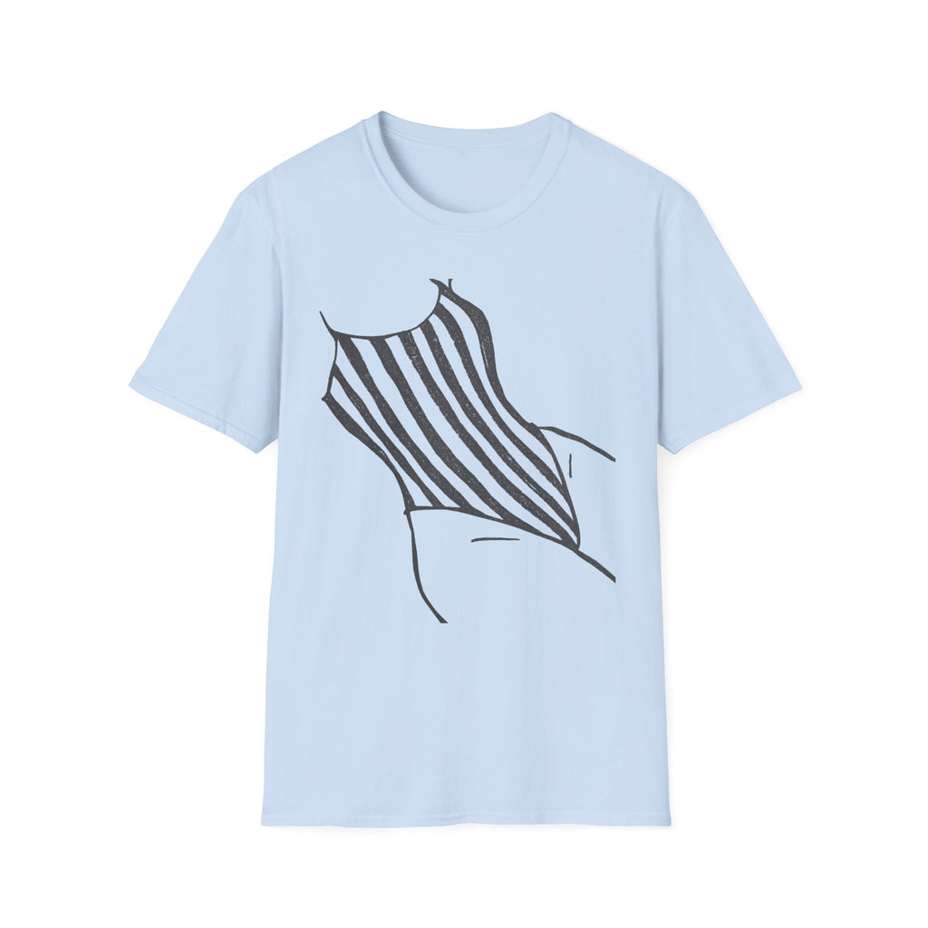 Striped One-Piece Swimsuit Graphic T-Shirt — Minimal Beach Vibe Tee