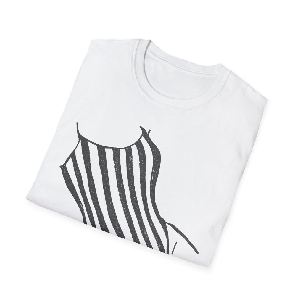 Striped One-Piece Swimsuit Graphic T-Shirt — Minimal Beach Vibe Tee