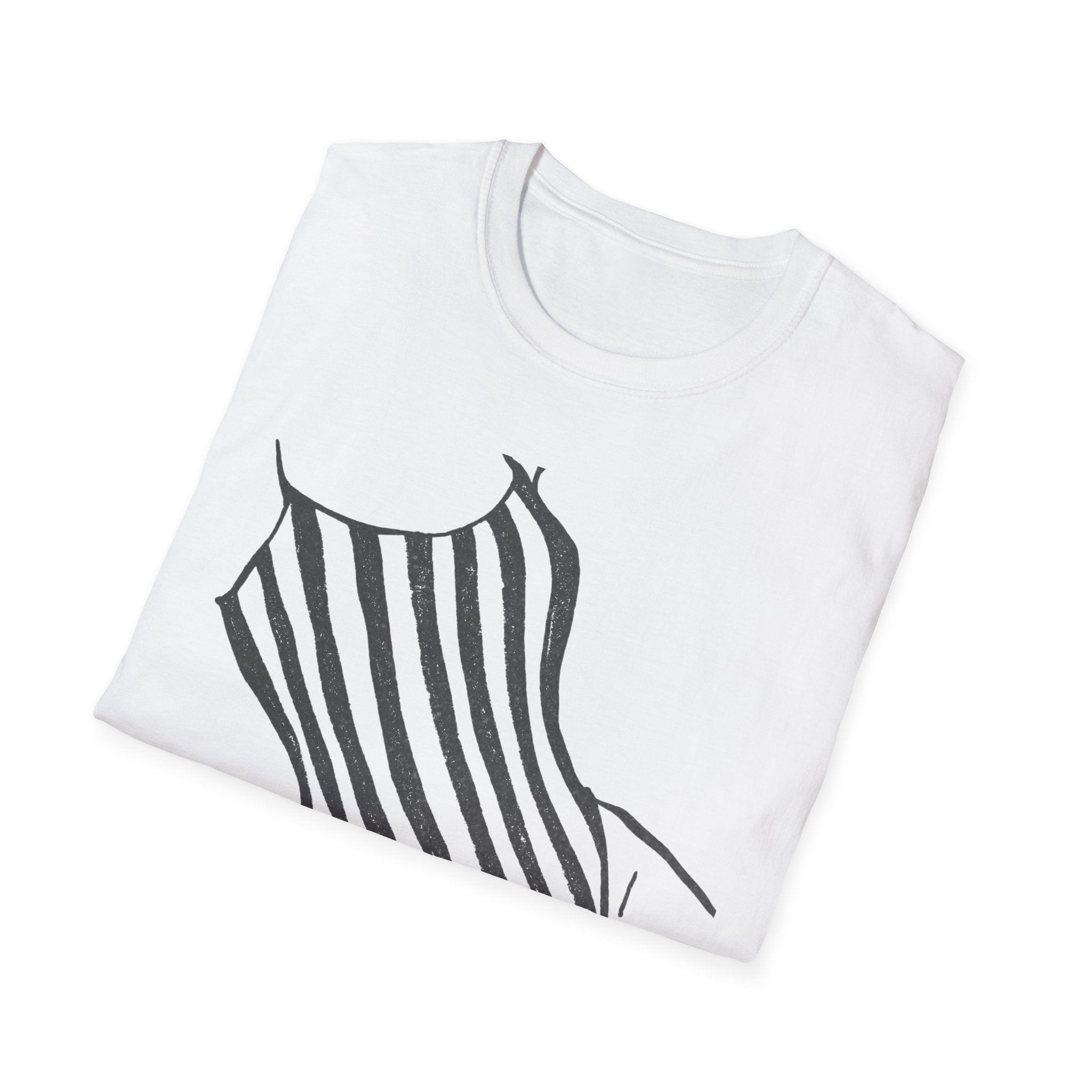 Striped One-Piece Swimsuit Graphic T-Shirt — Minimal Beach Vibe Tee