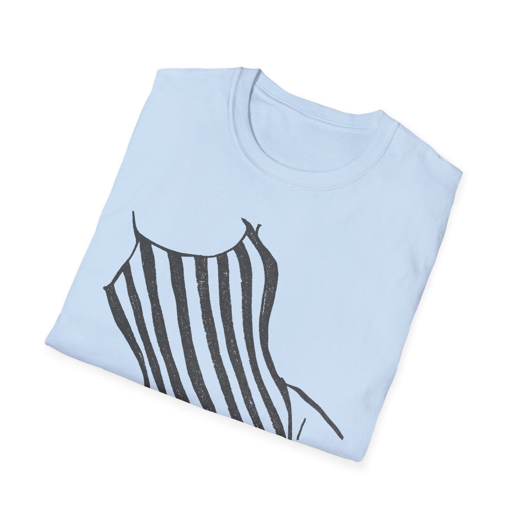 Striped One-Piece Swimsuit Graphic T-Shirt — Minimal Beach Vibe Tee