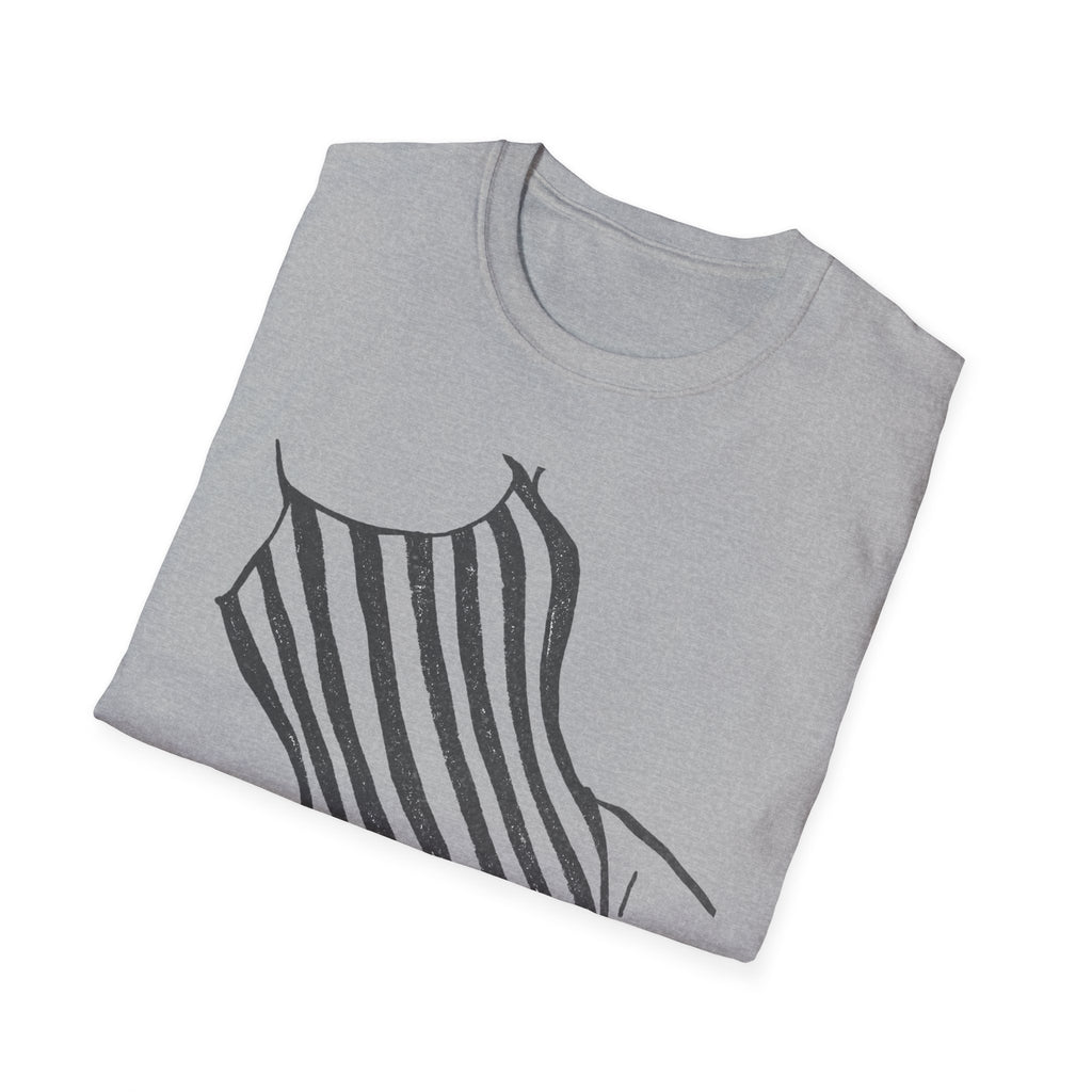 Striped One-Piece Swimsuit Graphic T-Shirt — Minimal Beach Vibe Tee
