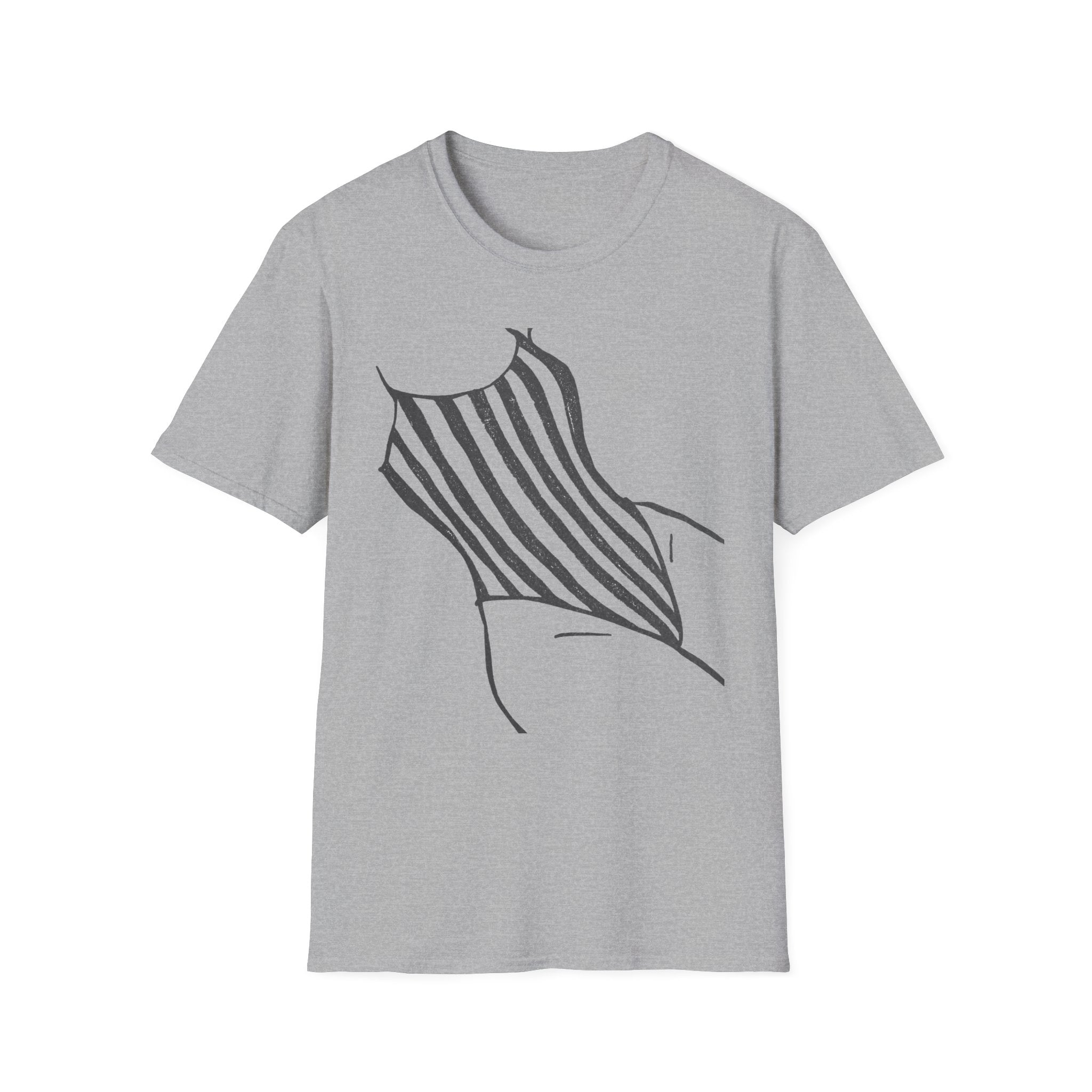 Striped One-Piece Swimsuit Graphic T-Shirt — Minimal Beach Vibe Tee