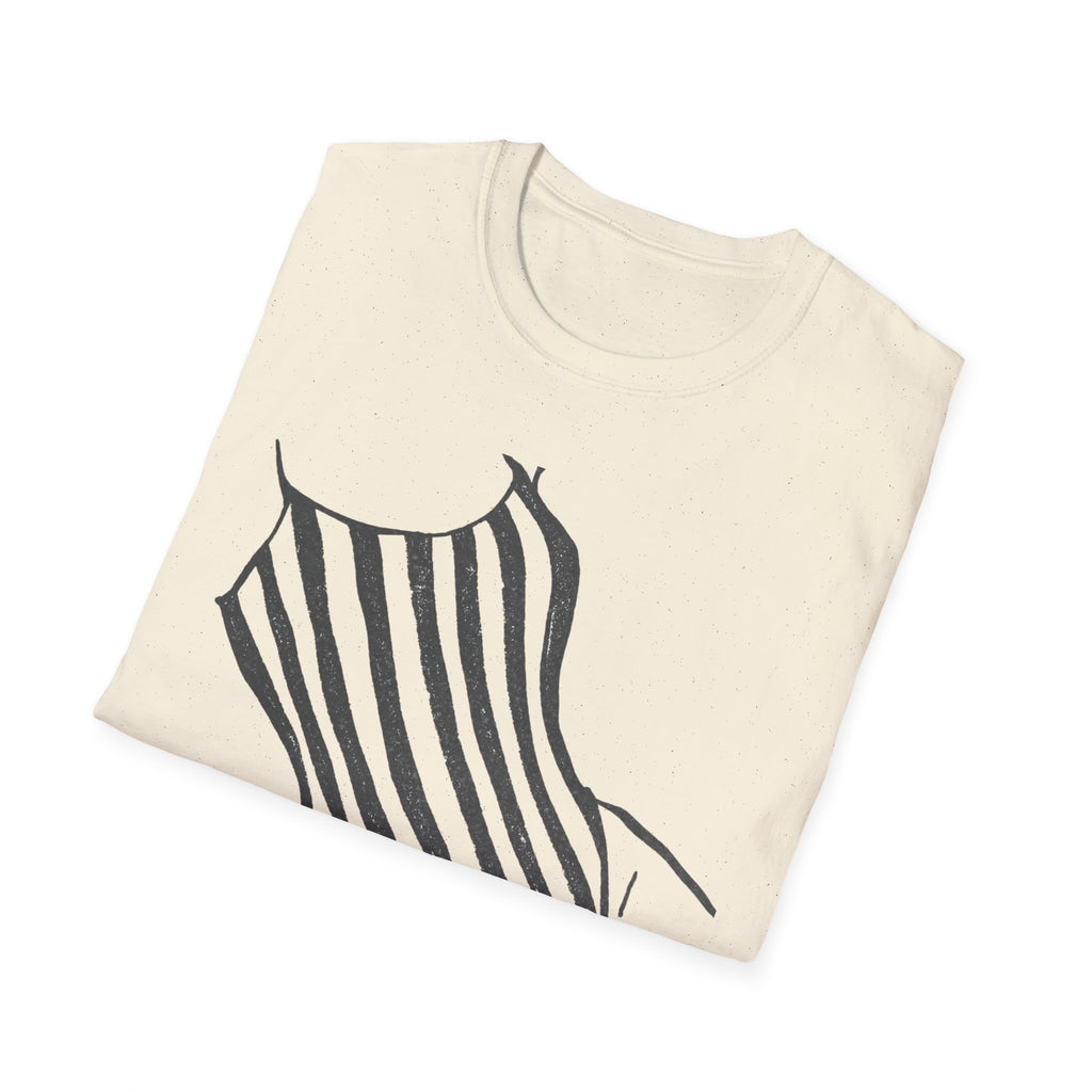 Striped One-Piece Swimsuit Graphic T-Shirt — Minimal Beach Vibe Tee